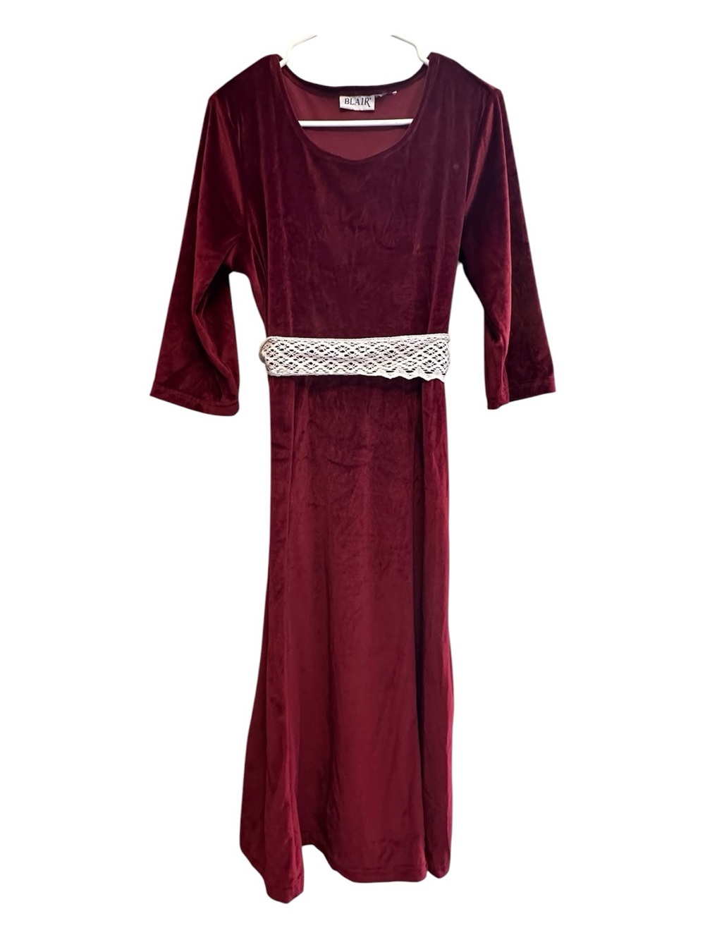Vintage 90’s Blair Red Velvet Midi Dress with White Lace Belt Size M/L